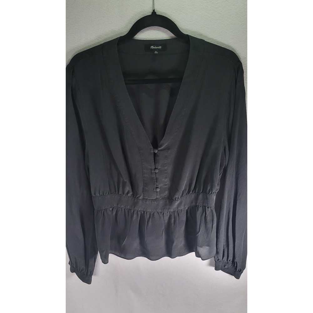 Madewell Blouse Womens Size L Black V Neck Elastic Waist Balloon Sleeve Bus/cas